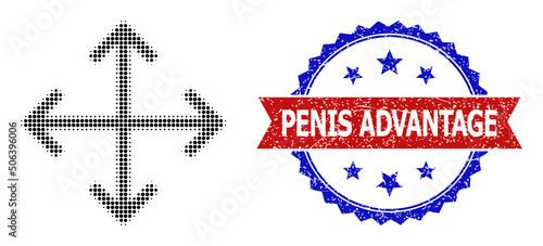 Halftone expand arrows icon, and bicolor unclean Penis Advantage seal. Halftone expand arrows icon is made with small round points. Vector imprint with unclean bicolored style,