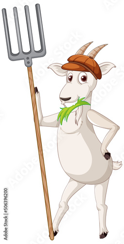 A goat standing on two legs and holding rake