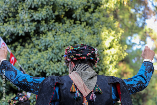 Turkey, Mugla, Mentese local cultural festival folklore (efe zeybek) men's and women's clothes