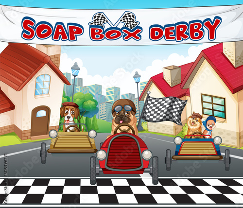 A group of different pet racing car in city