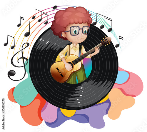 A boy playing guitar and music melody symbols