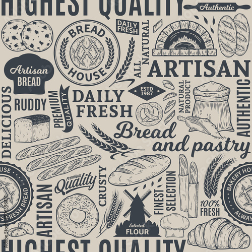 Typographic vector bread and bakery seamless pattern or background. Bread and bakery illustrations, vector food icons for baked goods branding and identity