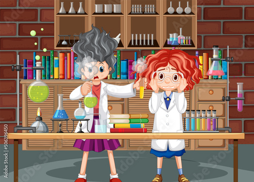 Laboratory scene with scientist cartoon character