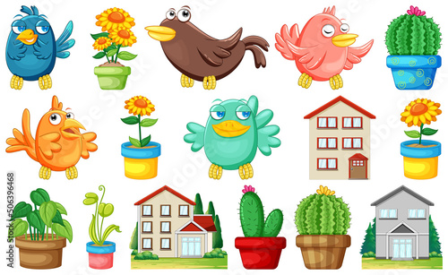 Different house designs and cute birds