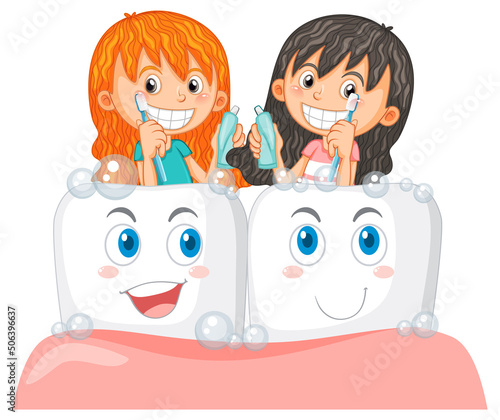 Cute girl cartoon character brushing teeth