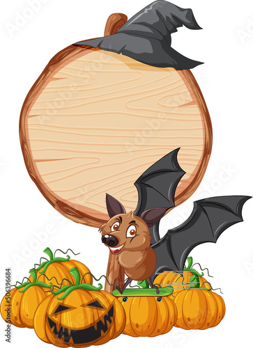Blank round wooden signboard with bat in halloween theme