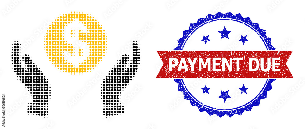 Halftone money care hands icon, and bicolor scratched Payment Due seal. Halftone money care hands icon is generated with small spheric elements. Vector seal with scratched bicolored style, Halftone money care hands icon, and bicolor scratched Payment Due seal. Halftone money care hands icon is generated with small spheric elements. Vector seal with scratched bicolored style,