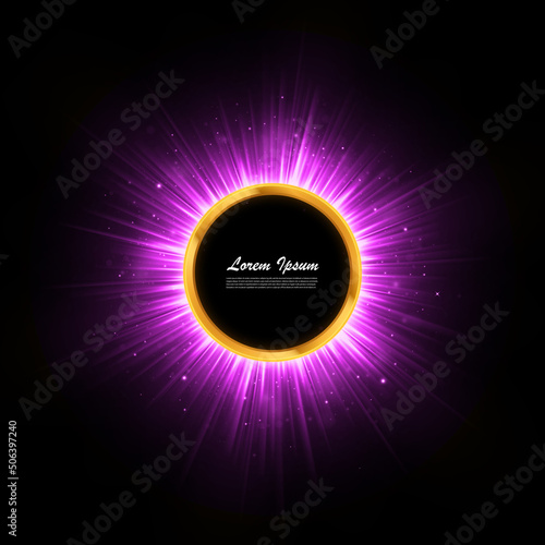 Pink shiny glowing round frame on black background. Geometric backdrop with glittering particles and pink beams. Holiday banner design.