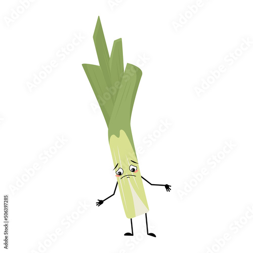 Cute green leek character with sad emotions, depressed face, down eyes, arms and legs. Healthy vegetable with melancholy expression and posture, rich in vitamins. Vector flat illustration