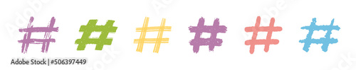 Hashtags, vector ink painted tag icons on white background. Hand Drawn vector illustration.