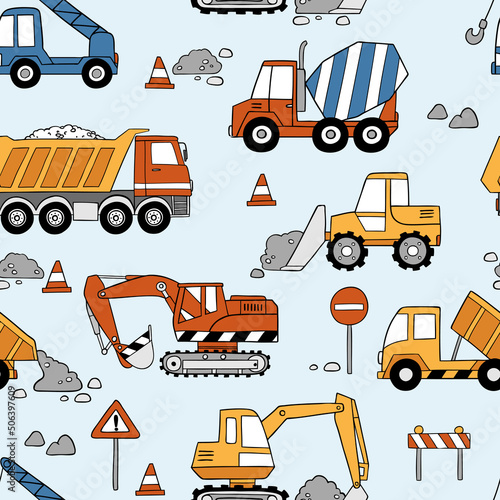 Hand drawn construction trucks and bulldozers seamless vector pattern. Perfect for textile, wallpaper or print design.
