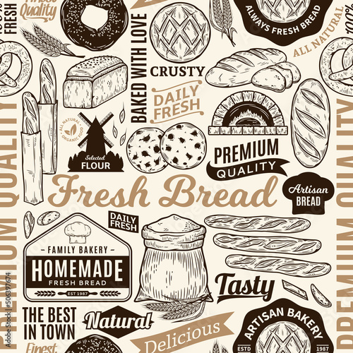 Typographic vector bread and bakery seamless pattern or background. Bread and bakery illustrations, vector food icons for baked goods branding and identity