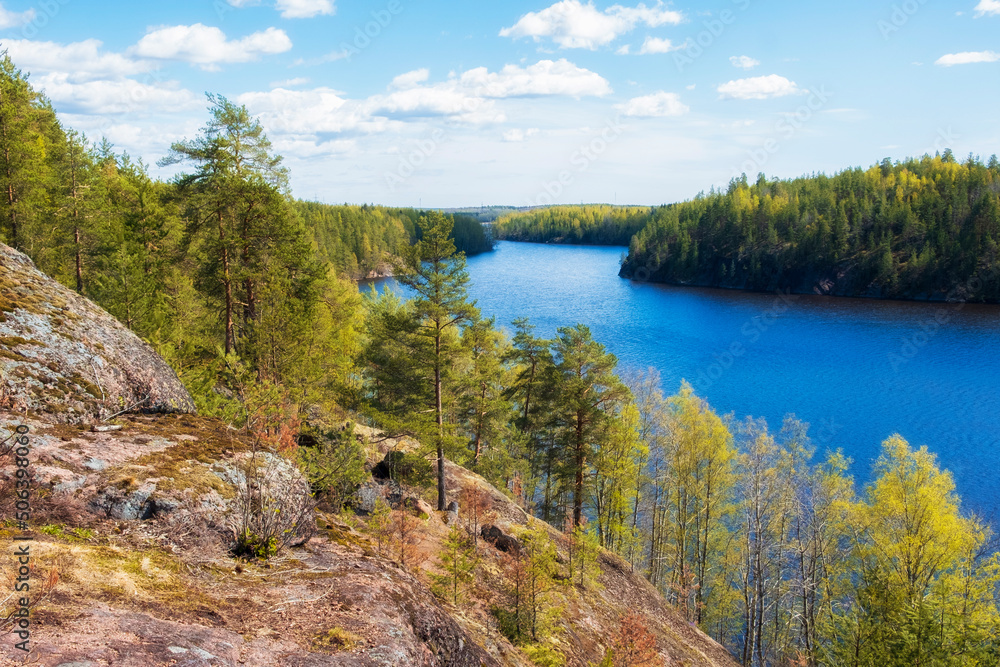 Rocks with a pine forest above the water of a lake or the Gulf of Finland. Squirrel rocks on a clear sunny day Rocks with a pine forest above the water of a lake or the Gulf of Finland. Squirrel rocks on a clear sunny day