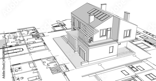 house architectural sketch plan 3d rendering