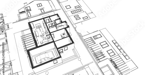 house architectural sketch plan 3d rendering
