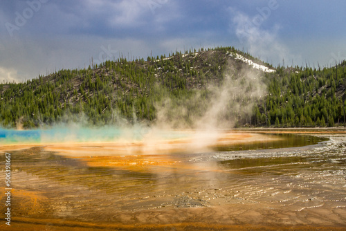Mud and steaming waters of the Great Prismatic Spring landscape inside Midway Geyser Basin in the Yellowstone National Park, UNESCO World Heritage