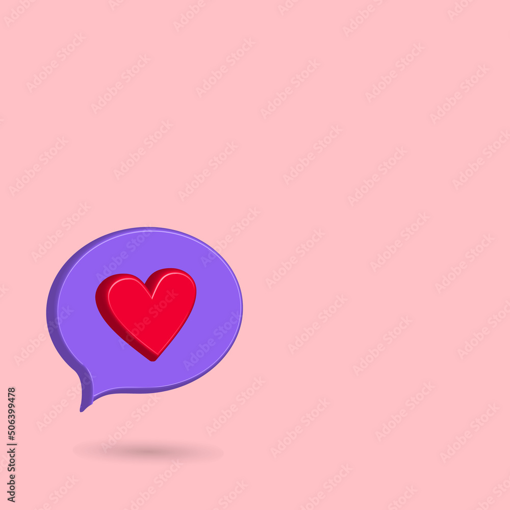 3D love speech balloon icon vector illustration, with purple background, favorite post on media social
