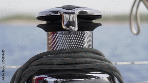 Winch with rope close up.