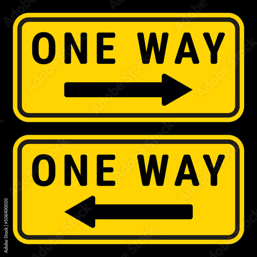 One Way Yellow Sign. Right and Left Road Direction Signs. Vector Illustration