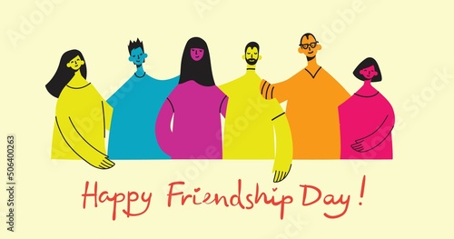 Background with happy diverse hugging people. Concept of friendship day, unity. Celebration or congratulation of multiracial friends.