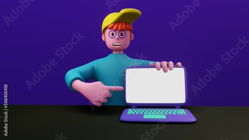 Concept illustration of business presentation on notebook screen, leave blank space. Website presentation, social, minimalist style. Man holding laptop and pointing finger. 3D rendering
