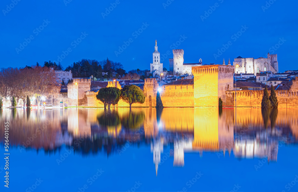 Palace of the Popes or Palais des Papes and Avignon Cathedral  panoramic view at dusk - Avignon city, France