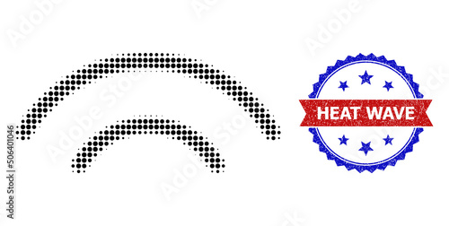 Halftone broadcasting icon, and bicolor grunge Heat Wave stamp. Halftone broadcasting icon is designed with small round elements. Vector seal with grunge bicolored style,