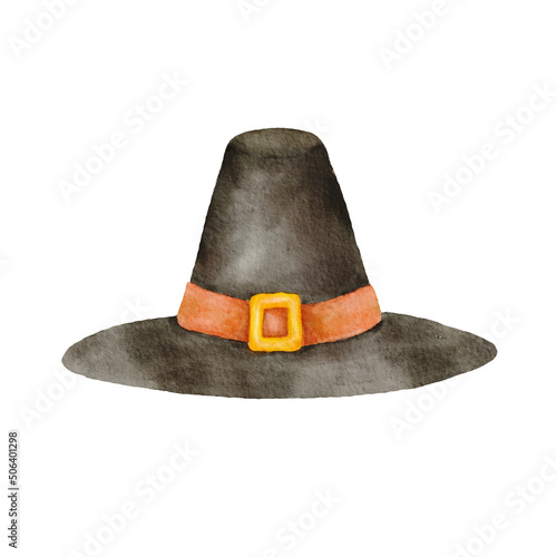 Watercolor Pilgrim hat. Hand drawn illustration isolated on white. Traditional black hat as symbol of Thanksgiving holiday