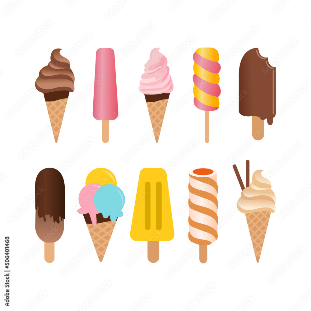ice cream set summer dessert chocolate vanilla fruits vector isolated ice cream set summer dessert chocolate vanilla fruits vector isolated