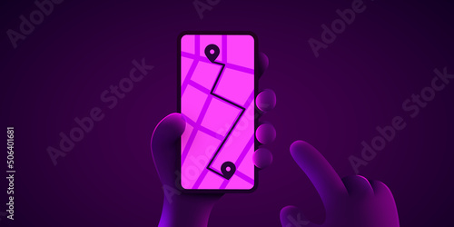 Hand holding phone with map. Mobile gps navigation and tracking concept. Web site, banner template. Location track app on touch screen smartphone.