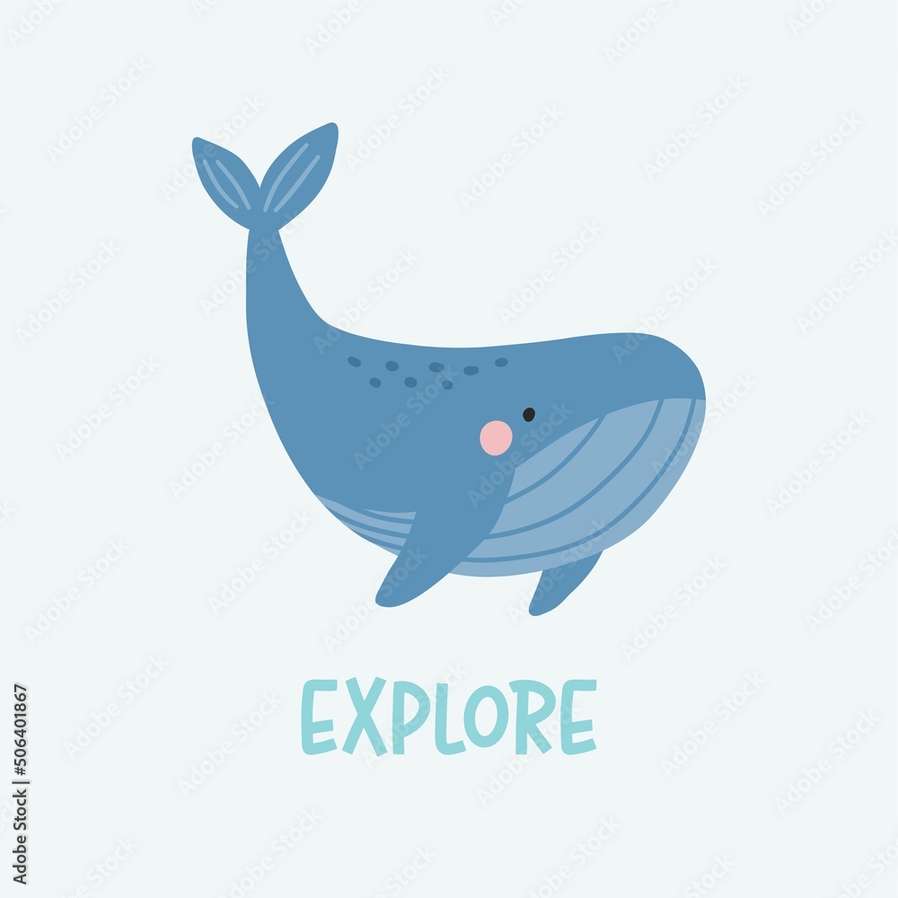 Cute cartoon undersea world. Deep Ocean or sea with  whale. Vector illustration