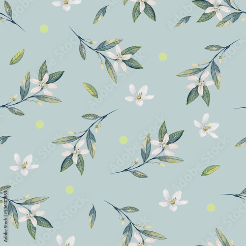 Seamless pattern with flowers and leaves on a blue background. Floral background.
