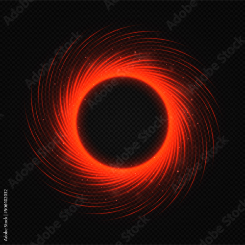 Red light circle with sparkles. A red flash flies in a circle in a luminous ring. Abstract glittering swirl.
