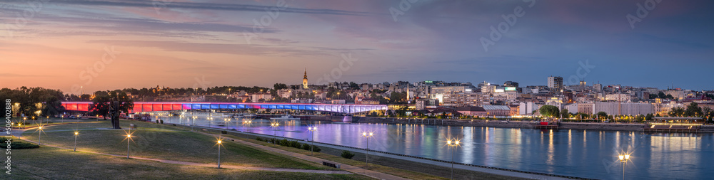 Belgrade Sava River Branco’s Bridge illuminated in Serbian flag colors