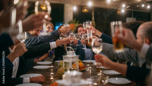Photography Big Dinner Party with a Small Crowd of Multiethnic Diverse Friends Celebrating at a Restaurant