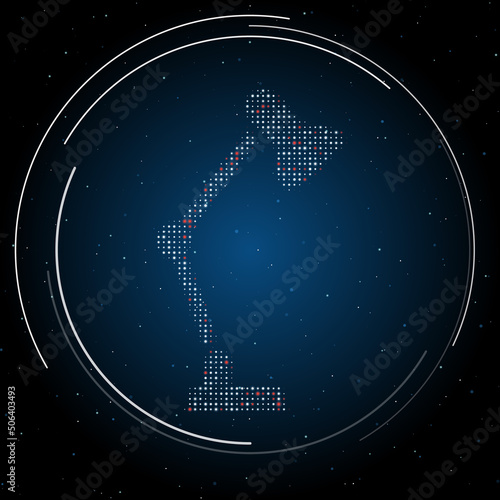 The table lamp symbol filled with white dots. Pointillism style. Some dots is red. Vector illustration on blue background with stars