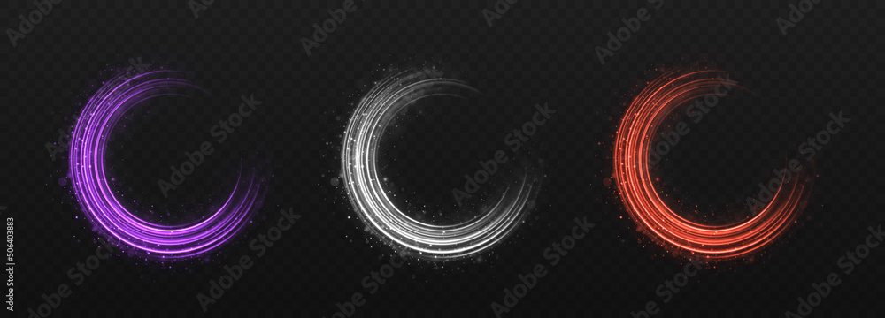 Magic spinning shiny rings. Shimmering circle rings with light effect. Sparkles rings with particles in transparent background. - obrazy, fototapety, plakaty 