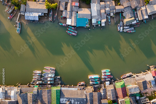 Aerial view of fisherman village and fishing boat at Pak Nam Sichon, the estuary area in Chumphon province, Thailand.