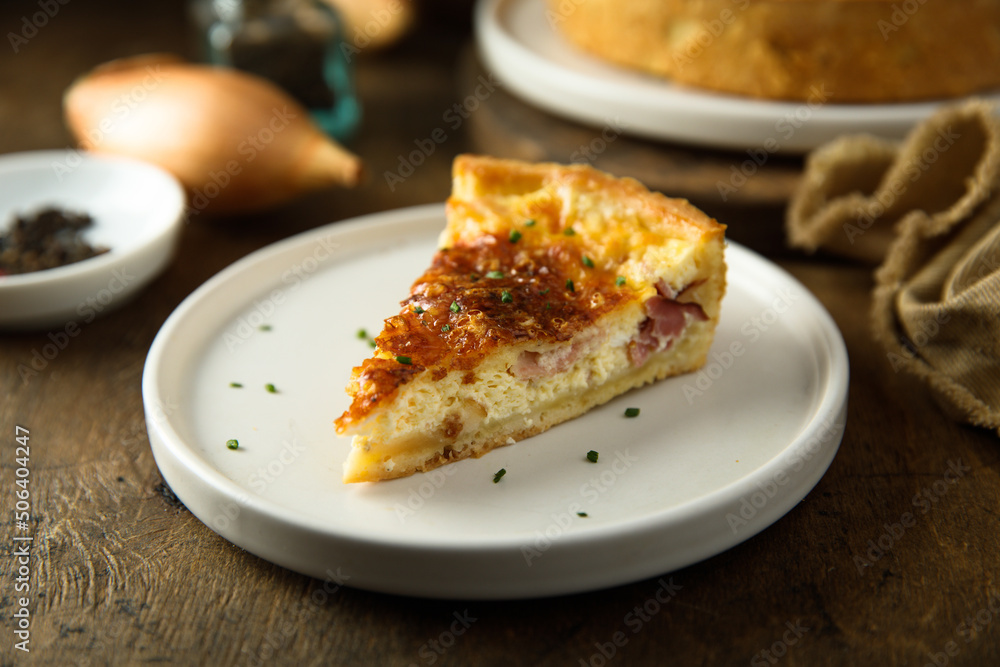 Traditional homemade French quiche with onion and bacon