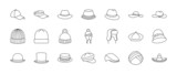 Hats doodle illustration including icons - vintage fedora, beanie, gentleman bowler, baseball cap, sun vizor, beret, cowboy, bucket, summer panama. Thin line art about clothes. Editable Stroke
