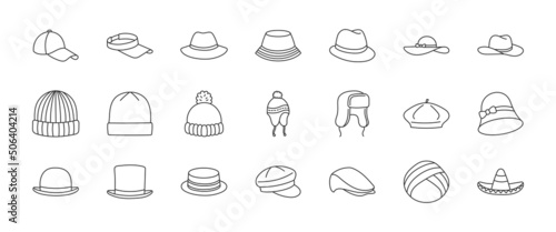 Hats doodle illustration including icons - vintage fedora, beanie, gentleman bowler, baseball cap, sun vizor, beret, cowboy, bucket, summer panama. Thin line art about clothes. Editable Stroke photo