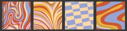 Psychedelic swirl, checkerboard groovy backround set. Psychedelic hippy retro wave wallpaper. Liquid groovy background. Vector design illustration.