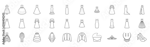 Stampa su tela Wedding dress doodle illustration including icons - elegant evening gown, groom suit, marriage atelier, plus size fur coat, jacket, crinoline