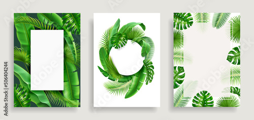 Set posters with tropical 3D realistic leaves, frames design elements. Vector borders with spare place for text, floral jungle foliage of exotic green palm trees, Hawaii or Brazil beautiful branches