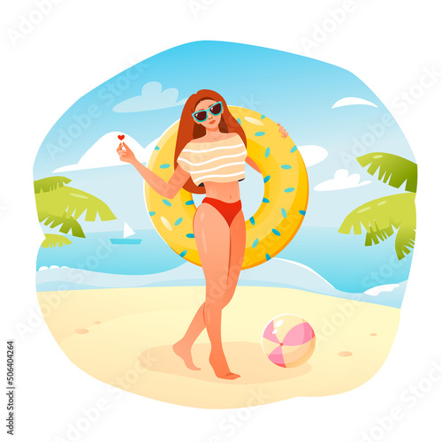 A young girl on the beach with an inflatable circle. Relaxing on the beach. Cartoon vector illustration