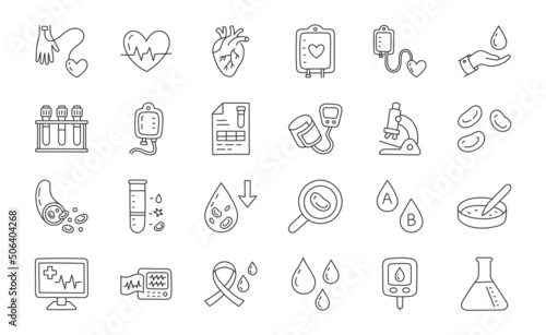 Medical blood doodle illustration including icons - plasma transfusion, sphygmomanometer, glucometer, vein, cardiology, microscope, laboratory tube. Thin line art about hematology. Editable Stroke