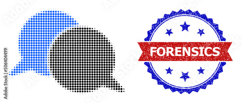 Halftone talking messages icon, and bicolor rubber Forensics watermark. Halftone talking messages icon is generated with small spheric items. Vector watermark with scratched bicolored style,