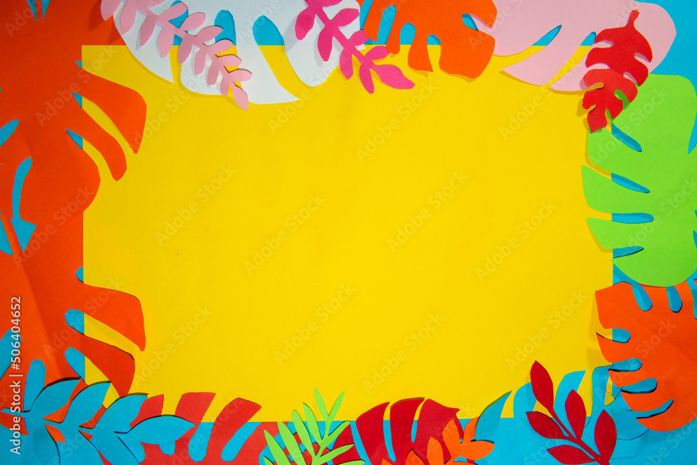 yellow paper around it jungle leaves, creative summer concept, jungle leaf, colorful background