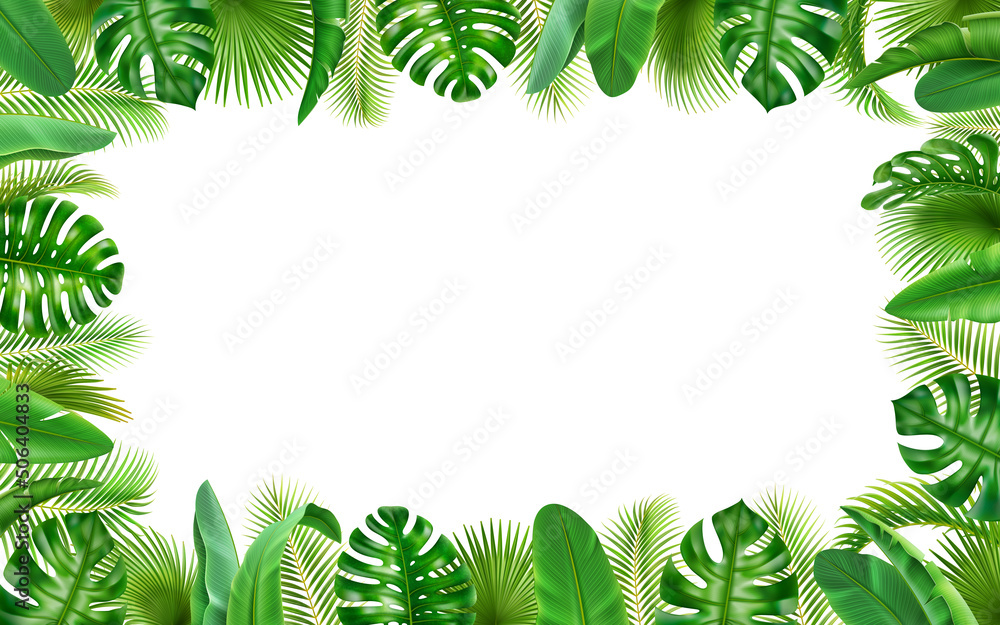 Posters with tropical 3D realistic leaves, frame background with summer greenery. Vector borders with spare place for text, floral jungle exotic foliage of monstera and palm trees decoration - obrazy, fototapety, plakaty 