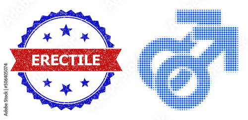 Halftone male signs icon, and bicolor dirty Erectile seal stamp. Halftone male signs icon is made with small spheric pixels. Vector seal with scratched bicolored style,